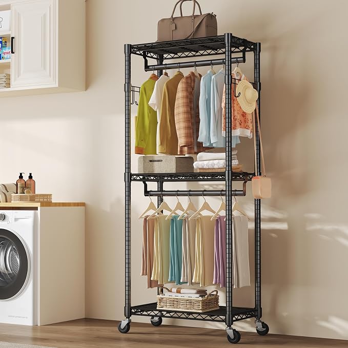 NEWBULIG Heavy Duty Clothing Rack with Wheels, 3-Tier Adjustable Wire Garment Rack, Metal Freestanding Closet Organizer System with Double Hanging Rods & 8 Side Hooks, 29" x 15" x 75", Black