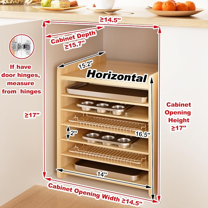 7 Tier Wooden Tray Dividers for Cabinets Cookie Sheet Organizer for Pot, Pans, Baking Tray Organizer for Kitchen Documents Storage(14" W x 16.5" H x 15.2" D)
