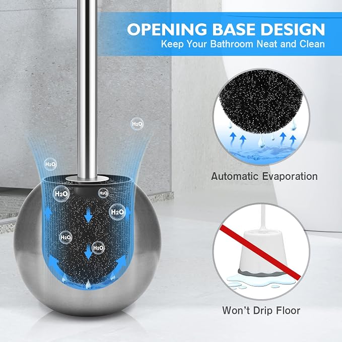 Toilet Brush and Holder 2 Pack, 304 Stainless Steel Toilet Brush with Extended and Durable Comfortable Brush Handle, Toilet Bowl Brush for Bathroom Toilet - Ergonomic, Pratical Durable