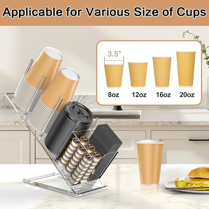 Acrylic Cup and Lid Holder with Straw Organizer, Adjustable Coffee Cup Holder Organizer, 5 Compartment Cup Dispenser for Disposable Paper & Plastic Cups, for Station Home Countertop(Patent in Effect)