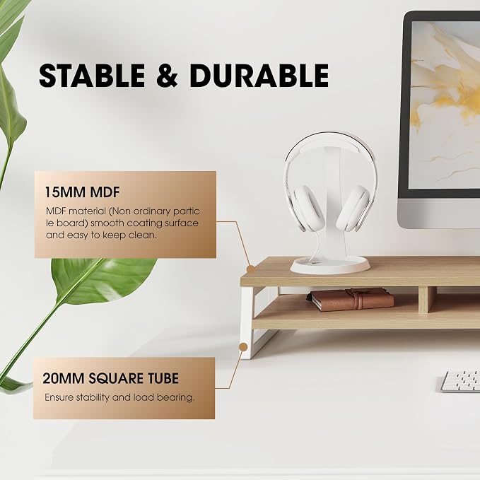 Fenge Dual Monitor Riser for Desk, Open Shelf with 3 Storage Compartments | 42.5in Computer Monitor Stand, 2-Tier Desk Shelf for Top of Desk,One-Piece Panel, fit Ultrawide Monitor, PC, Laptop, Oak
