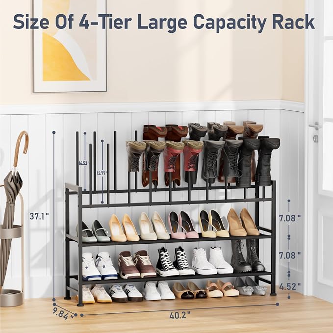 DIMJ Boot Rack 4-Tier - Black Metal Boot Storage Rack Tall Boots Organizer, Multiuse Shoe Rack for Boots, Sneakers, High-Heel, Entryway, Fits 10 Pairs