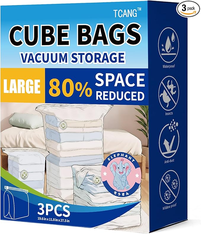 3 PACK Cube Vacuum Storage Bags,Large Cube (19.6 * 27.5 * 11.8 Inch), Extra Large Vacuum Seal Bags for Clothing, Comforters, Blankets, Bedding, Closet Organization Space Saving