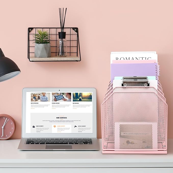 SUMMORO Inclined File Organizer for Desk, 7-Tier Vertical File Folder Holder Office Desk Organizer Metal Rack File Wire Mesh Desktop Document Sorter for Office School Classroom Home (Pink)