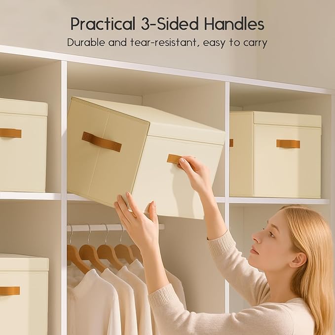 Homsorout Large Storage Bins with Lids - Front Opening Fabric Storage Bins, Flap Closet Organizer with Handles, Collapsible Boxes with Lid, Decorative Basket for Home, Dorm, 4 Pack, Beige