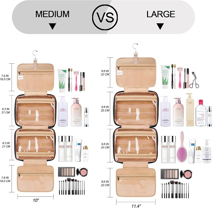 Travel Hanging Toiletry Bag for Women, Large Makeup Bag 8 Leak Proofing Silicone Bottle Covers, Waterproof Cosmetic Bag with Jewelry Organizer Compartment, Toiletries Kit Set, Black