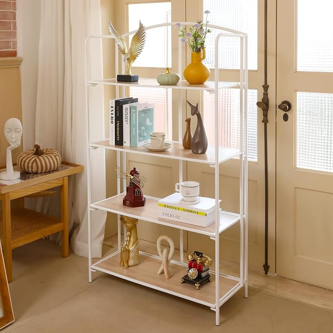 Crofy 4-Tier Wider Foldable Bookshelf, White Frame & White Oak Shelves | No-Assembly Collapsible Portable Storage Organizer; Sturdy White Oak Finish Shelves; Ideal for Living Room & Home Office