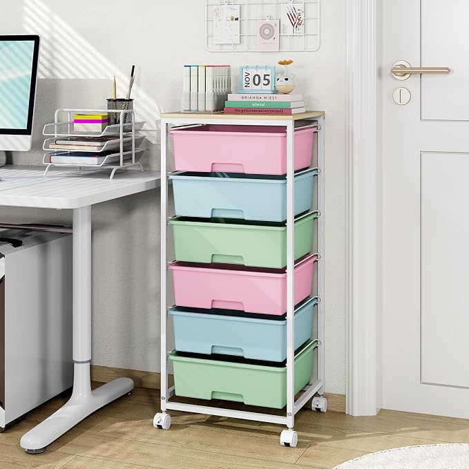 Rolling Storage Cart with 6 Drawers and Wooden Tabletop, Lockable Wheels Utility Cart for Art Studios, Office Supplies & Craft Room Organization (Rainbow)