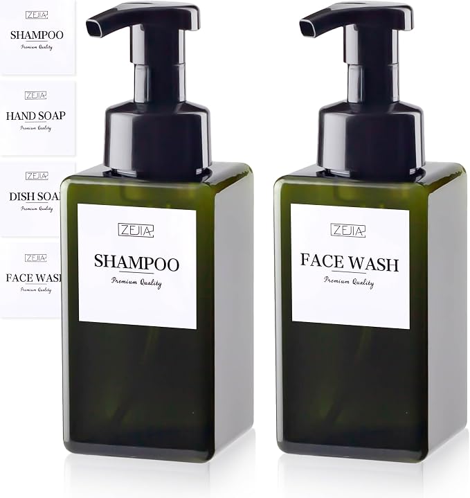 15OZ Foaming Soap Dispenser, 2-Pack Plastic Hand Soap Dispenser, Refillable Leakproof Foam Pump Bottle with Waterproof Labels, for Shampoo, Body Wash