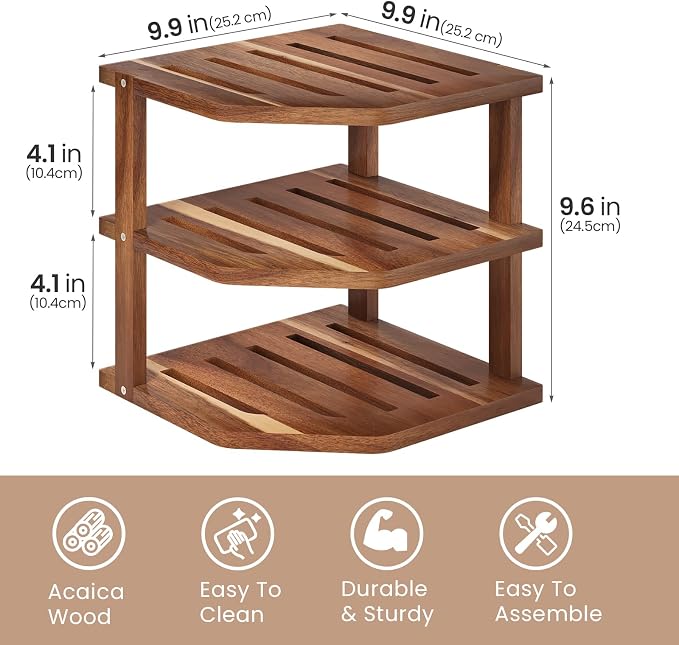 VERTORGAN 3 Tier Acacia Wood Corner Shelf,Dish Drying Rack,Plate Organizer,Kitchen Spice Rack for Countertop and Cabinet,Pantry Organization and Storage