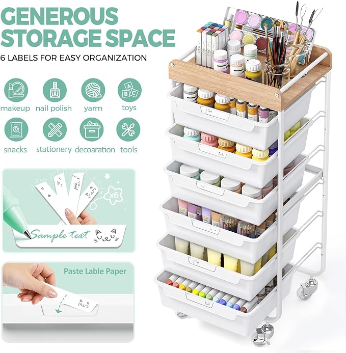6 Drawer Rolling Cart for Craft Storage,Utility Drawer Organizer with Handle and Wooden Top, Storage on wheels for Office, Classroom,Laundry，Garage, Snack,Art Supply,White