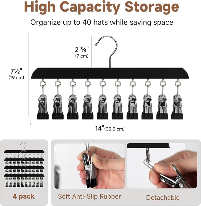 StorageWorks Hat Organizer 4 Pack, Black Cap Hanger Rack with 10 Clips