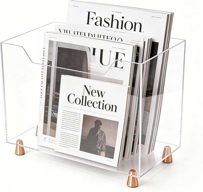 Acrylic Magazine Holder, Crystal Clear Magazine Rack Floor for Home Office | Newspapers Files Books Organizer with Metal Feet for Bathroom, Living Room, Bedroom