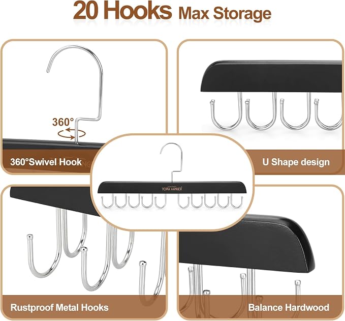 TOPIA HANGER 2 Pack Bra Hanger for Closet, Premium Wooden Tank Top Hangers | 40 Foldable Hooks, 360°Rotating Hooks, Easy to Install, Durable Solid Wood, Space Saving Storage for Tank Tops, Bras, Belts