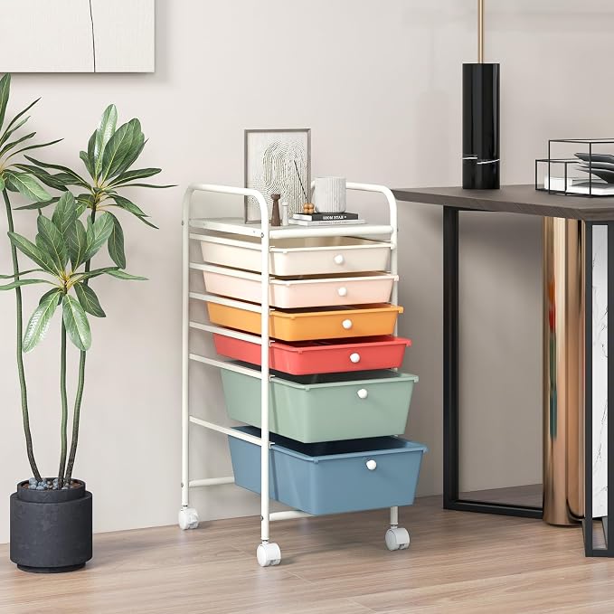 GOFLAME 6-Drawer Rolling Storage Cart, Multifunctional Art Craft Organizer Cart, Mobile Utility Storage Cart with Removable Drawers & Lockable Wheels, Craft Cart for Home Office, Macaron Color
