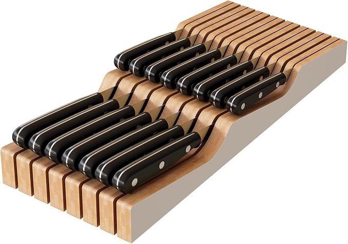 In-Drawer Knife Block Organizer - Bamboo Wood Drawer Knife Organizer-Protecting Knife Organizer Block (Not Included) (White, 15 Knives Dock)
