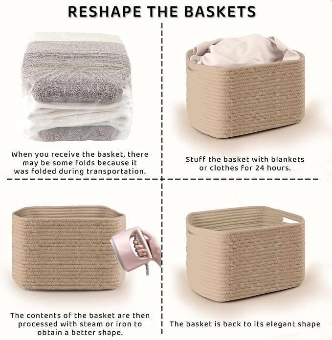 4 Pack Storage Baskets for Organizing, 11''Lx9''Wx8''H Woven Baskets for Storage Toys, Towels, Books, and Clothes, Cotton Rope Basket for Shelves with Handle White & Brown