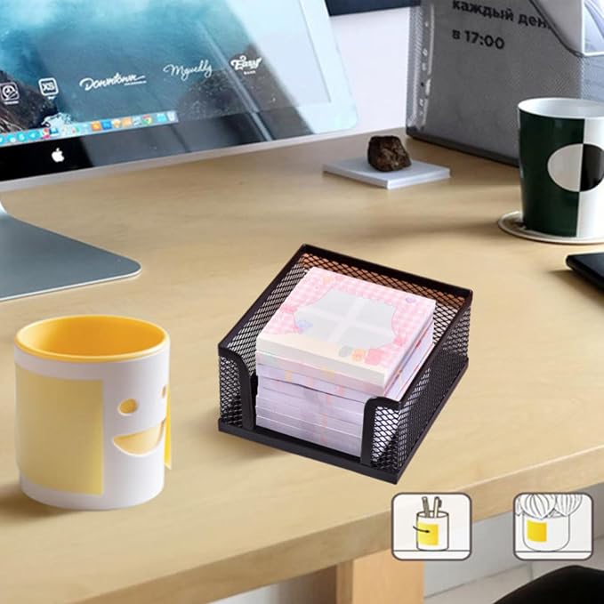 Sticky Note Holder，Mesh Memo Holder with 1 Pack Sticky Note Black Memo Pad Holder Cube Holder for Office Home School