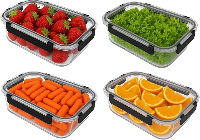 Glass Food Storage Containers Bowls with Airtight Snap Locking Lids for Meal Prep Leftovers Baking Lunch Boxes Dish (Black, 35oz Rectangle 4 Pack)