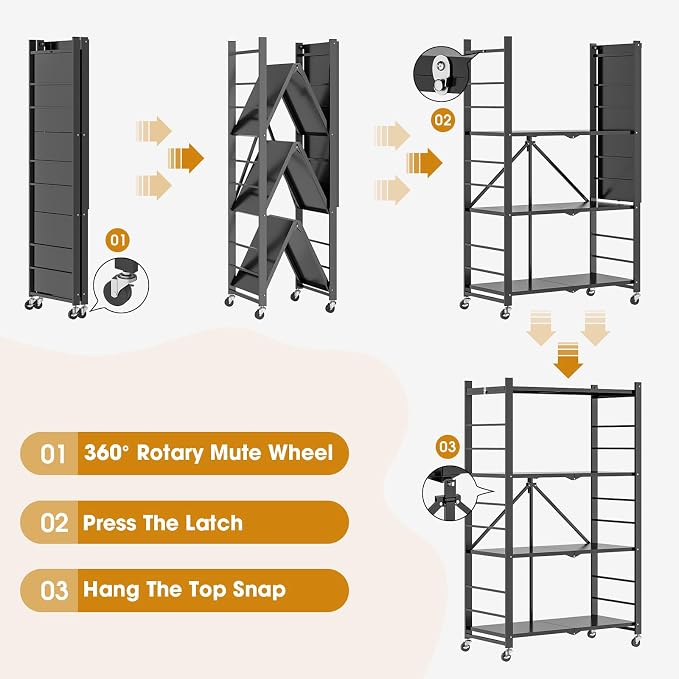 Fenbeli 4 Tier Folding Storage Shelf with Wheels, Heavy Duty Metal Shelving Unit No Assembly, Foldable Rolling Storage Rack 600 LBS Capacity, Locking Casters for Garage Kitchen Pantry