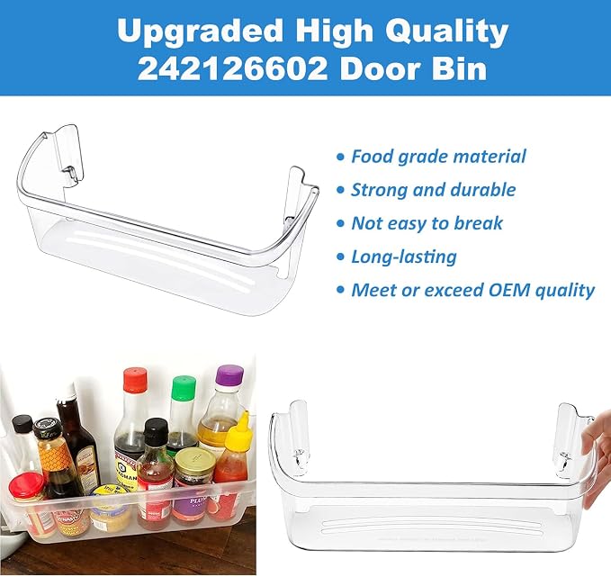 2 Pack UPGRADED 242126602 Refrigerator Door Bin Shelf Replacement for Frigidaire Electrolux Refrigerator Door Shelf Bin Bottom 2 Shelves - Side Shelf Rack Parts AP6278233 PS12364199 4547407