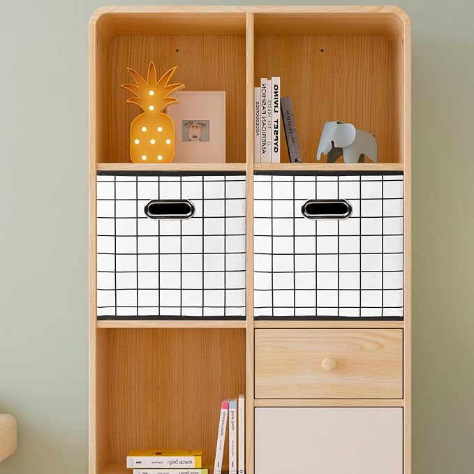 Yunkeeeper storage bins Cubes, Fabric Cube Organizer with Handle, Foldable Cube Bins for Cloth or Accessary Storage, 11x11x11, Set of 3,(White grid)