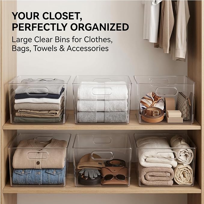 MOONEDGE 6-Pack 12x12x7 Extra Large Clear Plastic Storage Bins with Handles | Cube PET Organizer Square Boxes for Pantry,Closet,Kitchen,Bathroom,Laundry,Classroom,Playroom Organization