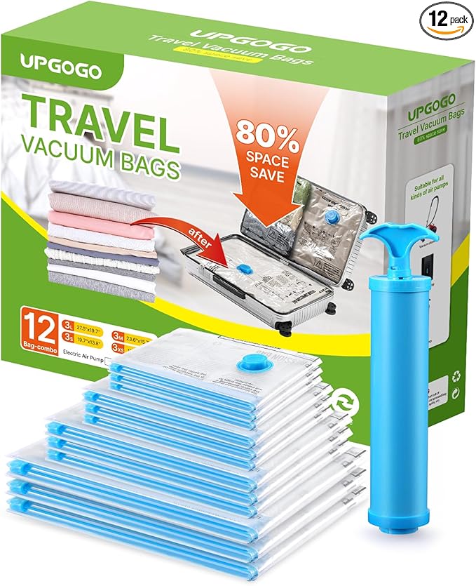 UPGOGO Vacuum Bags for Travel, 12 Pack with Hand Pump, Space Saver Vacuum Storage Bags, Travel Essentials, Clothes, Blankets, Pillows