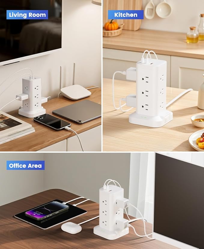 Power Strip Tower with Surge Protector 1800J, Fast Charging Tower PD20W USB-C Ports with 12 AC Outlets, Extension Cord for Home Office Dorm Room,10ft, White
