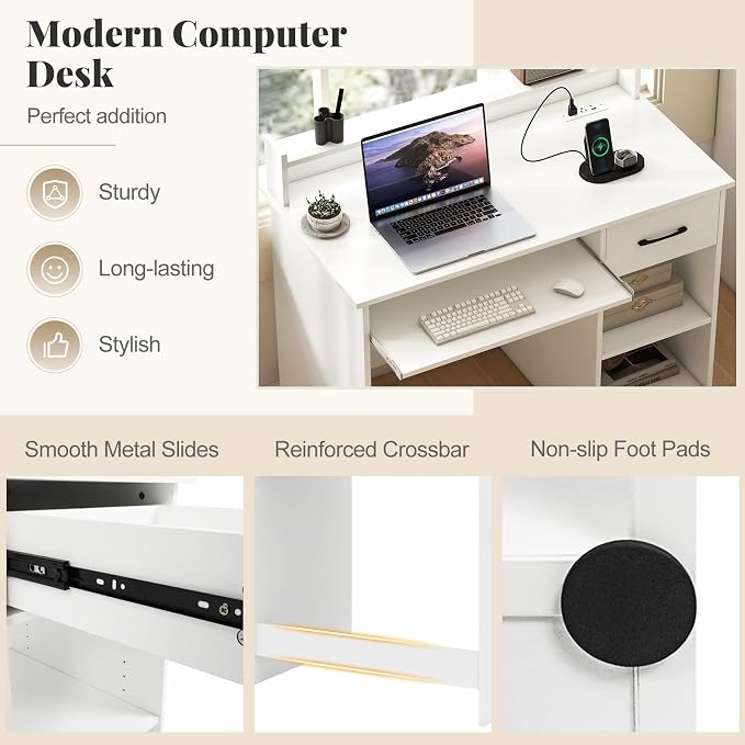 Giantex White Desk with Drawers, Modern Home Office Desk with Keyboard Tray, Monitor Stand & Adjustable Shelf, PC Laptop Table Computer Workstation, Study Writing Desk for Small Spaces, Bedroom