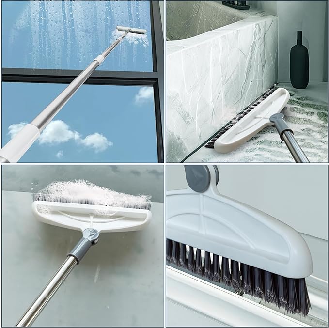 Grout Cleaner with Long Handle & Stiff Swivel Bristles - 2-in-1 Scrubber and Scraper, Tapered Design for Tile Floors, Baseboards, and Tight Spaces
