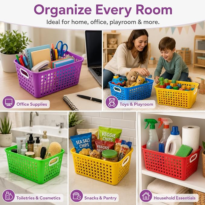 6 Pack Plastic Classroom Storage Baskets, Organizer Bins with Handle | Rainbow Color 11" × 7.1" × 4.6" Medium Papers Book Storage Organizer for School Classroom Library Office Home Desktop Closets