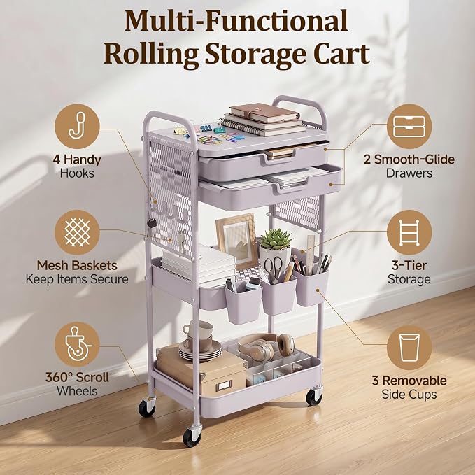 3 Tier Rolling Cart with 2 Drawers, Metal Utility Storage Carts with Wheels | Kitchen Rolling Cart 4.5" Deep Basket, Mesh Side Panel with 3 Cups, 4 Hooks for Office, Bedside, Craft Storage Cart