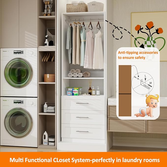 Closet Organizer System with 3 Drawers, Walk In Closet for Closet System, Modular Closet System for Small Spaces with Adjustable Hanging Rods,for Bedroom, Dorm rooms or Apartment Living(2FT)