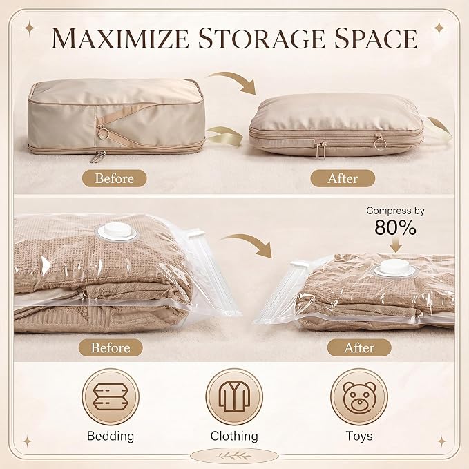 16 Set Vacuum Compression Packing Cubes and Expandable Storage Bag Travel Essentials with Hand Pump for Suitcase Organizer Bags in 6 Sizes with Shoe Laundry Hanging Cosmetics Bag