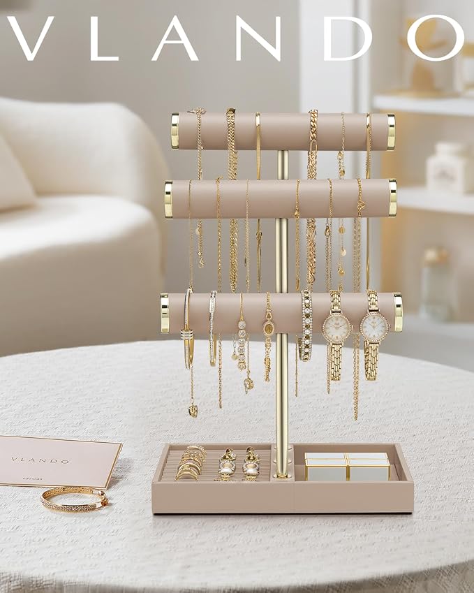 VLANDO 3 Tier Bracelet Holder Organizer with Tray - Leather Jewelry Stand Organizer for Women - Jewelry Holder Display for Necklace, Watches, Rings, Earrings, Bangle, Scrunchie - Toffee
