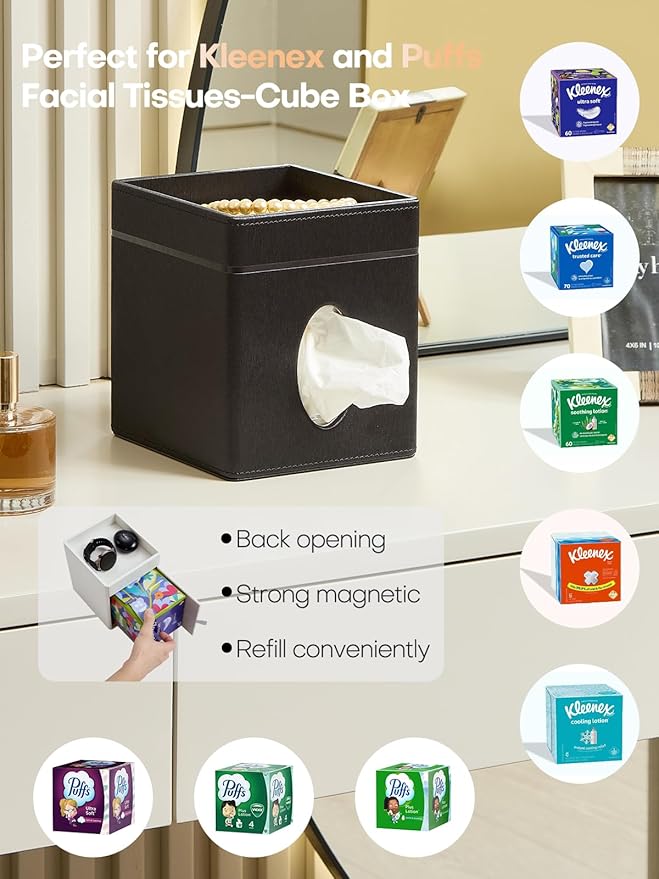 Tissue Box Holder Cover, Modern PU Leather Square Decorative Tissue Holder Organizer-Woven New Off White