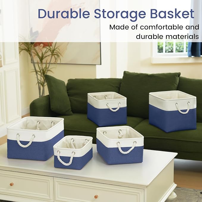 Large Storage Baskets- 15.7x11.8x8.26 inch Storage Bins for Shelves and Closet Organizing, Foldable Fabric Bin for Home Organization Clothes and Laundry (3-Pack, White&Blue)