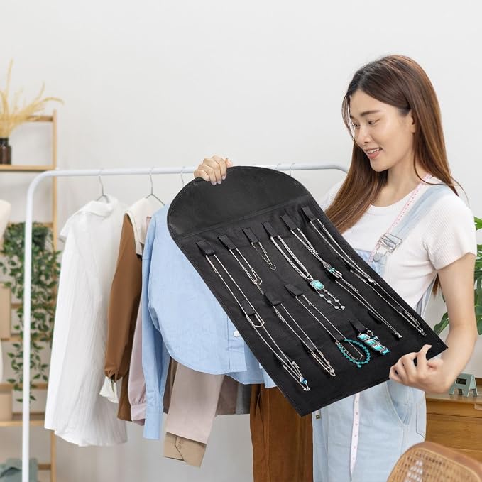 Flexzion Hanging Jewelry Organizer – (1 Pack) Black 32 Clear Pockets & 18 Hooks & Loops, Non-Woven Bag Dual Side Earring Storage Display Holder with for Necklace Bracelet Sunglasses | Double-sided jewelry storage bag with clear pockets and hook-and-loo...