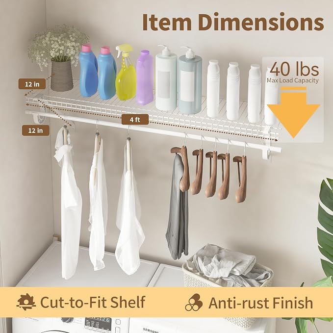 PROWORX Closet Shelves Wall Mounted with Hanging Rod, 2 Pack 4 ft x 12 in White Wire Shelving Kit, Metal Wall Shelf Organizer for Home, Pantry, Laundry Room Storage