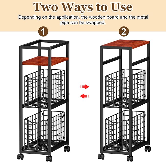 Hongtamoya 3 Tier Laundry Room Cart with Pull-Out Baskets, Utility Slim Storage Cart with Wheels Small Rolling Cart with Wood Top Metal Narrow Bathroom Laundry Room Organization Trolley, Black