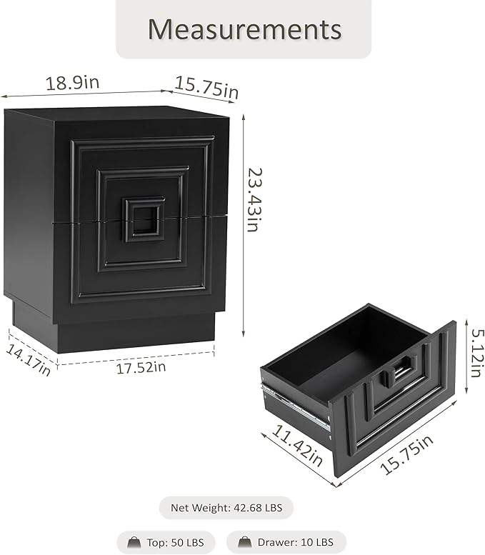 Aoikax Modern 2-Drawer Nightstand, Sculptural Rustic Nightstand with Geometric Square Pattern, Contemporary Accent End Table, Black