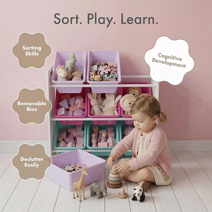Humble Crew Toy Storage Organizer with 9 Removable Storage Bins for Kids Playroom, 3-Tier Toddler Toy Organization and Storage, White/Pink/Purple/Aqua