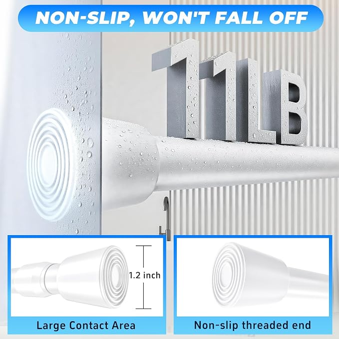 2 Pack White Tension Rods, 53"-98" Adjustable Shower Curtain Rods, Heavy Duty No Drilling Rod, 11lbs Max Load, 1.2" End Cap, 19/22mm Tube, Metal, for Bathroom, Window, Bedroom, Doorway, Closet