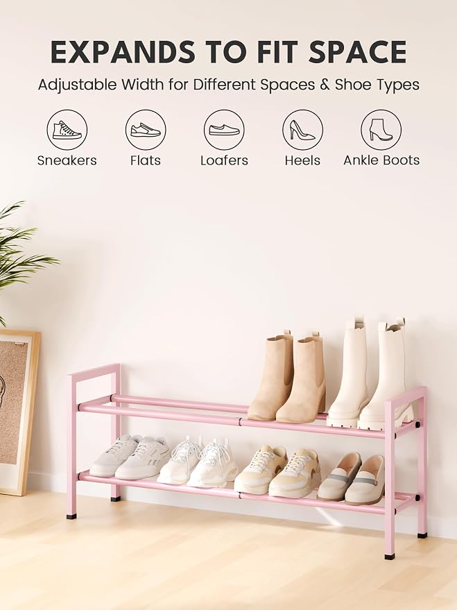 Bumusty 2-Tier Expandable Shoe Rack for Closet, 18“-33” Adjustable Shoe Rack for Small Space, Small Shoe Organizer for Front Door, Sturdy Metal, Pink