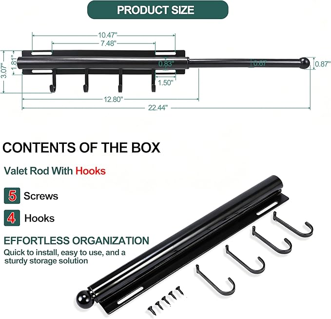 12in，Valet Rod，Valet Rod For Closet Pull Out，（Black） Closet Rod，Hanging Rod，Scalable Slide Out，Valet Hook，Contains 4 Hooks，Used For Wardrobes, Bathrooms, Laundry Rooms, Bedrooms, Wardrobes