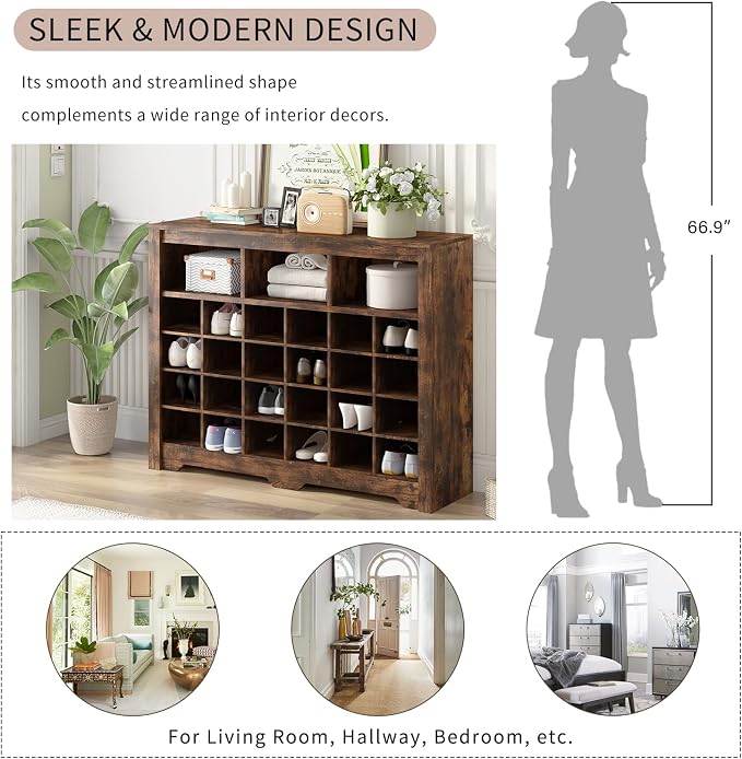 Harper & Bright Designs Sleek Design 24 Shoe Cubby Console, Modern Shoe Cabinet with Curved Base, Versatile Sideboard for Hallway, Bedroom, Living Room, Rustic Brown