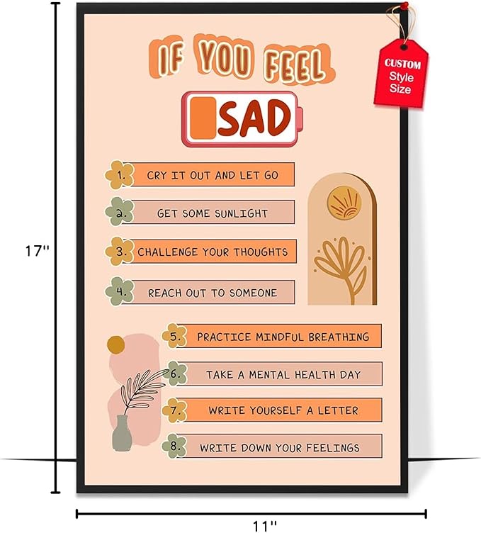 LOLUIS Mental Health Poster, Boho Therapy Tools Educational Supplies Art Print Classroom School Office Decor (If You Feel Sad, Custom Frame Type)