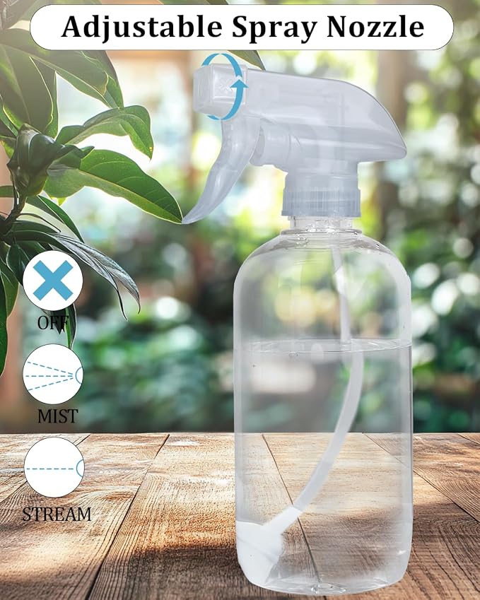2 Pack 360° Spray Bottles, 16 oz Plastic Small Containers with Adjustable Spray Nozzles, Spray Bottles for Hair, Cleaning Solutions, BBQ and Plants Clear