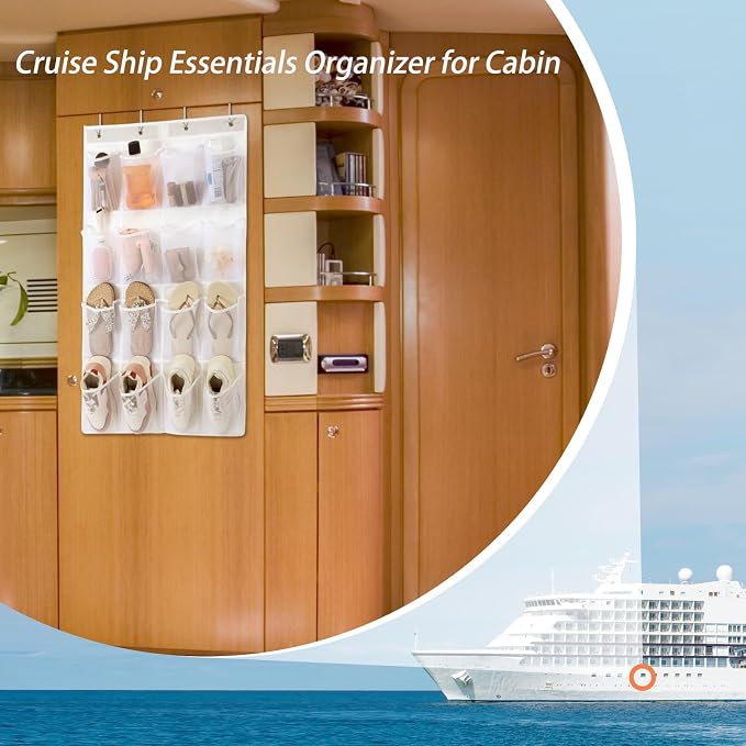 F-color Over the Door Organizer for Cruise - 16-Pocket Hanging Organizer | Tool-Free Mount with 4 Metal Hooks, See-Through Mesh Pockets, Lightweight & Foldable, Space-Saving for Travel and Daily Use